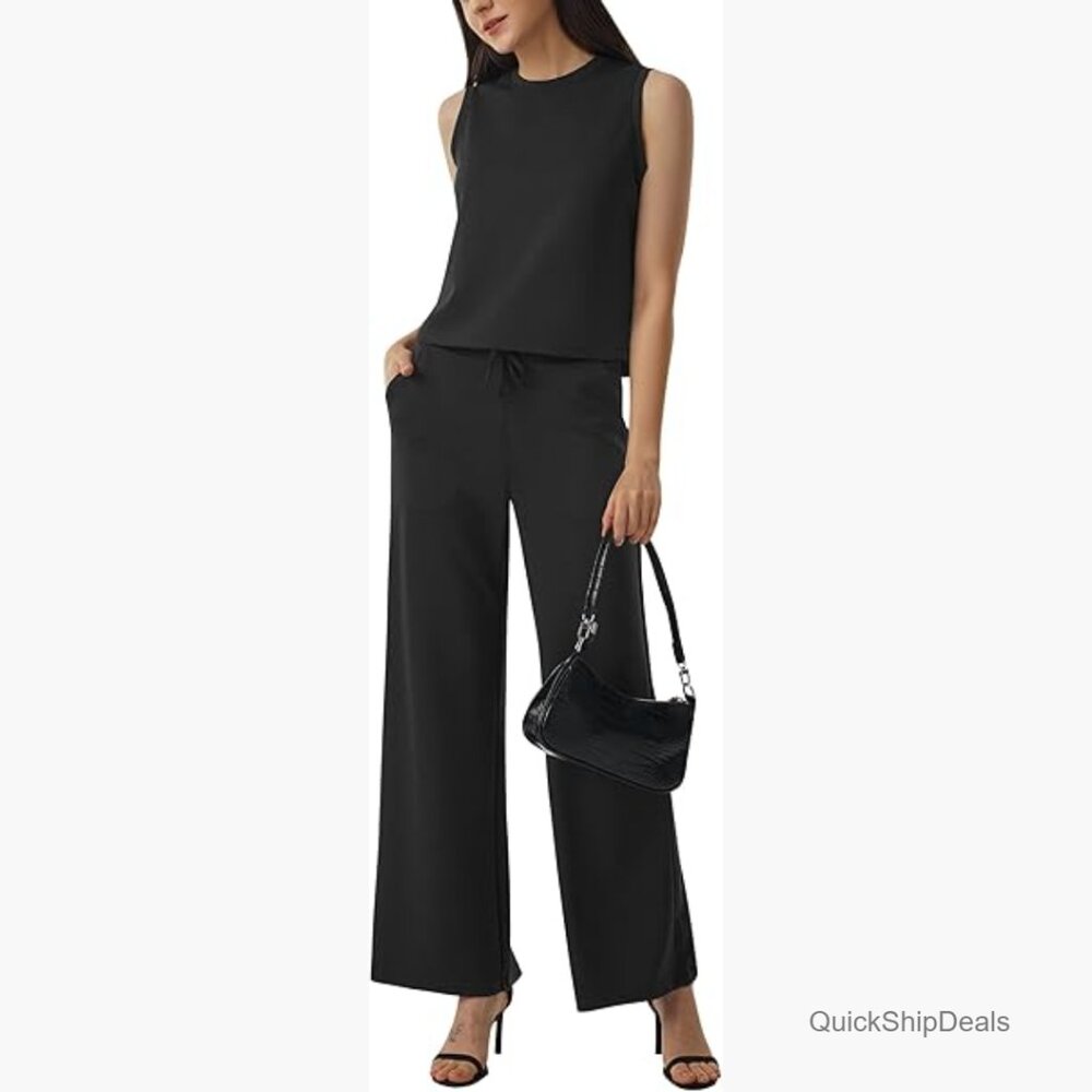 Polyester Blend Rayon Blend Spandex Tracksuit Set Sleeveless Tank Wide Leg Pants